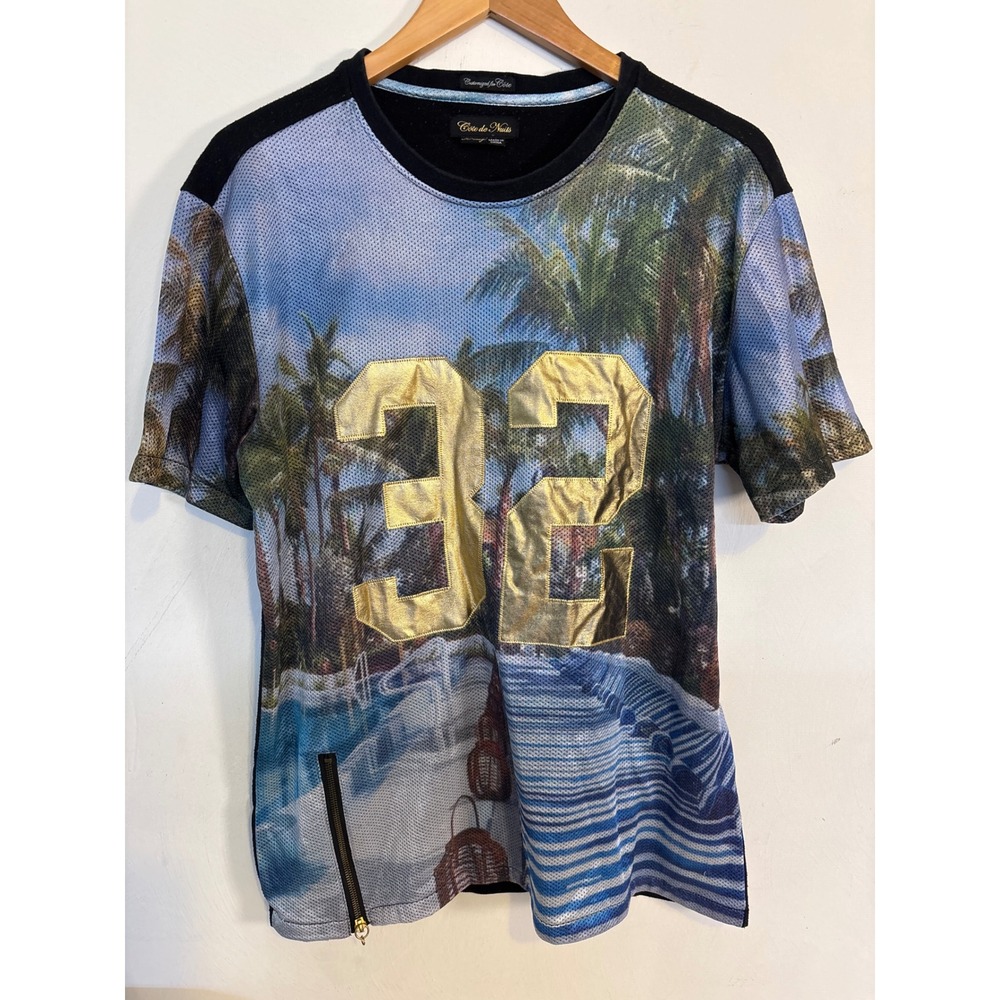 Cote de Nuits Mens Tropical Mesh Jersey T-Shirt Gold 32 Side Zip Black XL